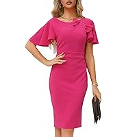 Women's Solid Dresses Summer Business Casual Dresses U-Neck Bowknot Ruffle Short Sleeve Zipper Pencil Dresses