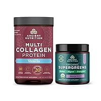 Ancient Nutrition Multi Collagen Protein Powder, Vanilla, 24 Servings + Organic Supergreens Powder, Berry, 12 Servings