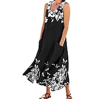 Womens Elegant Printed Round Neck Pockets Casual Long Dress Daily Tank Dress Womens Suit Dress