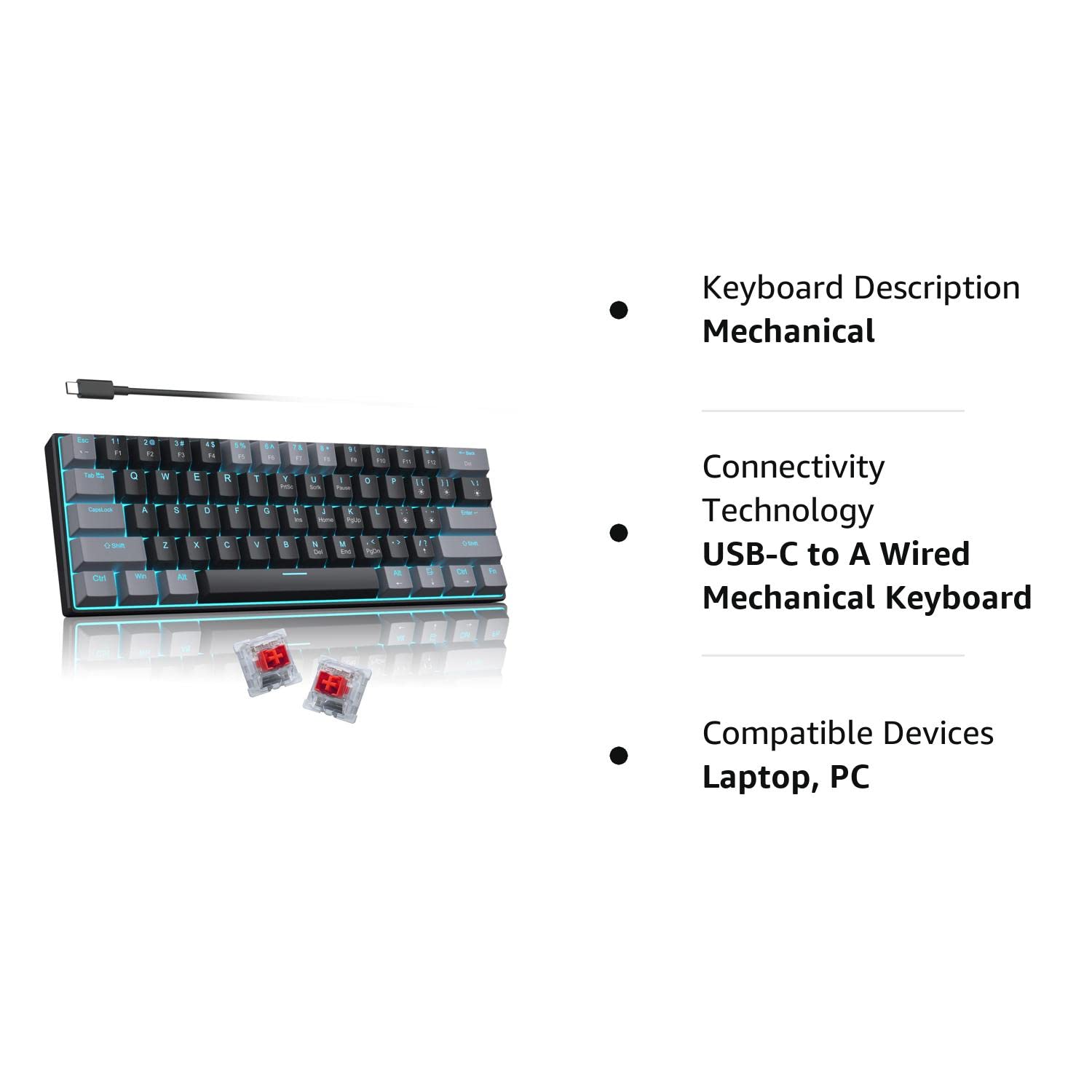 60 Percent Mechanical Gaming Keyboard,Gray&Black Mixed Color Keycaps Gaming Keyboard with Red Switches, Detachable Type-C Cable Mini Keyboard with Powder Blue Light for Windows/Mac/PC/Laptop