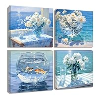 Flower Canvas Wall Art Blue White Floral Water Artwork Nature Modern Prints Bathroom Painting Rustic 4 Panels Home Decor