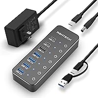 RSHTECH 7-Port Powered USB 3.2/USB C Hub with 10Gbps USB-A 3.2, 2 USB-C 3.2, 4 USB 3.0 Ports, Individual Touch Switches, 3.3ft Cable and 5V Power Adapter, USB Hub Splitter for Laptop/PC, RSH-ST07C
