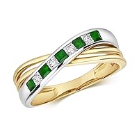 2 colour 9ct Carat White/Yellow Gold Ladies Diamond Crossover Ring Brilliant Cut HI - I1 with Emerald WJS29699