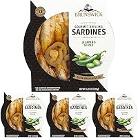 Brunswick Wild Caught Gourmet Brisling Sardines in Extra Virgin Olive Oil Topped with Jalapeño Slices, 4.23 oz Can - Wild Caught Sardines - 13g Protein per Serving - Gluten Free, Keto Friendly