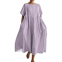Women's Summer Dress Short Sleeve Crew Neck Pleated Swing Dresses Solid Color Beach Party Sundress with Pockets