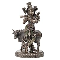 Veronese Design 10.5 Inch Hindu God Krishna and The Holy Cow Antique Bronze Finish Sculpture Figurine