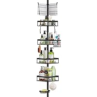 Shower Caddy Tension Pole - Rustproof Metal Shower Shelf with Adjustable Height and Large Capacity - Versatile Bathroom Organizer for Hanging Baskets, Soap and Towels-Black