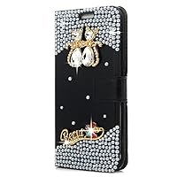 Crystal Wallet Phone Case Compatible with iPhone 14 Plus - Cat - Black - 3D Handmade Sparkly Glitter Bling Leather Cover with Screen Protector & Beaded Phone Lanyard