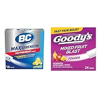 BC MAX Strength 500mg Aspirin 500mg Acetaminophen Lemonade Flavor 16 Count and Goody's Extra Strength 500mg Aspirin 325mg Acetaminophen Mixed Fruit Blast 24 Count Pain Relief Powder Bundle