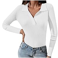 Women Ribbed Knit Long Sleeve T Shirts Fall Winter Fashion Clothes V Neck Slim Fit Basic Tee Soft Stretchy Layer Tops