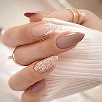 24Pcs Almond Press on Nails Medium Fake Nails Elegant Nude False Nails with White Leaves Design Glitter Acrylic Nails Full Cover Glossy Reusable Glue on Nails for Women Girls DIY Manicure Decoration