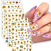 Sunflowers Nail Art Stickers Decals 3D Self-Adhesive Spring Summer Nail Decals Yellow Daisy Flowers Bee Butterfly Letters Floral Nail Supplies Nail Art Design Decoration Accessories 6 Sheets