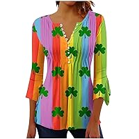 St Patrick's Day Colorful Tunic Tops Women 3/4 Bell Sleeve Pleated Front Shirts Irish Shamrock Print Henley Blouses