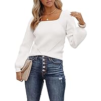 Sovelen Women's Casual Square Neck Ribbed Knit Sweaters Long Puff Sleeve Loose Fit Pullover Sweater Tops