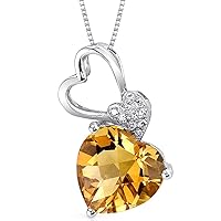 PEORA 14K White Gold 2.47 Carats Natural Citrine and Diamond Heart Shape Pendant, AAA Grade Heart Shape 9mm