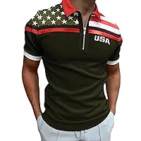 Men's American Flag Print Polo Shirt Summer Fashion Print Zipper Polo T Shirts Basic Designed Classic Cotton Shirt