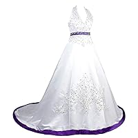 Women's Halter A-line Satin Embroidery Bridal Wedding Dresses for Bride