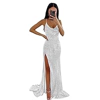 Sequin Spaghetti Strap Cowl Neck Prom Dresses for Women Long with Slit Mermaid Formal Evening Party Gown