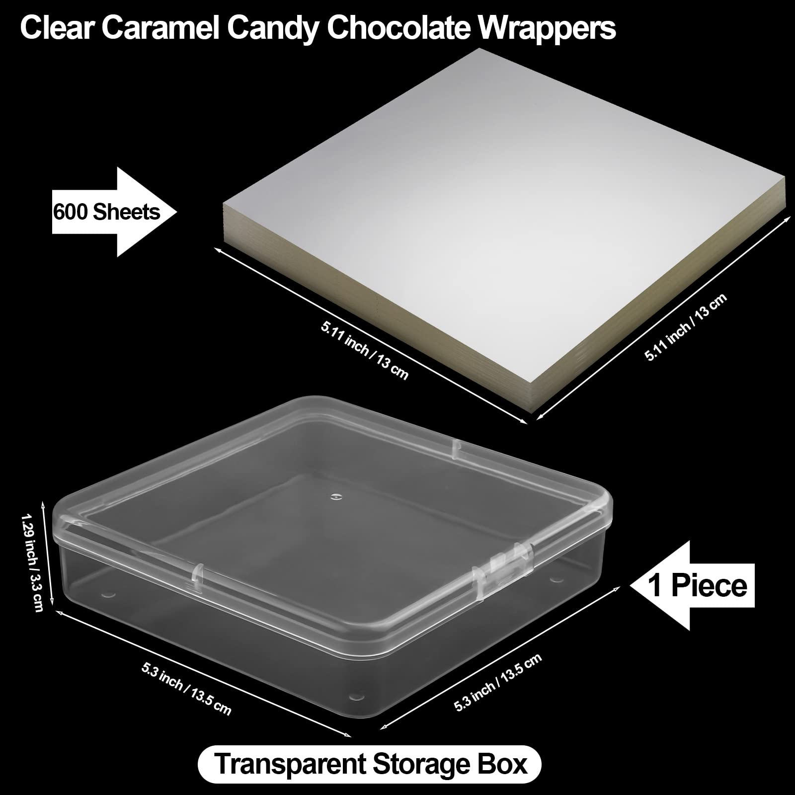 Aodaer 600 Sheets Clear Caramel Candy Chocolate Wrappers with Storage Box Non-stick Cellophane Wrap Candy Paper for Treats, Lollipop, Gummies (5.11 x 5.11 Inches)