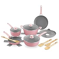 DASH Dream Green Nonstick Ceramic Cookware Set, 15 Piece, Pink - Recycled Aluminum and Ceramic, Nonstick Cookware Set, Oven Safe and Compatible with All Cooktops