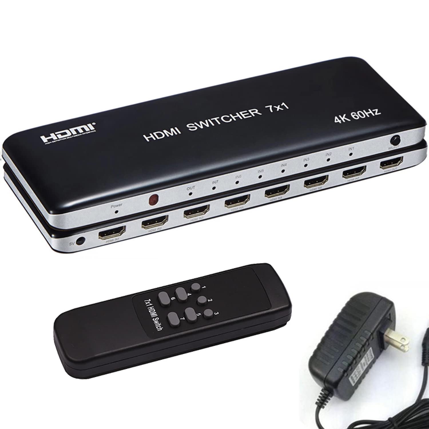YHS HDMI Switch 7x1 HDMI Switcher 7 in 1 Out HDMI Switch Selector 7Port Box with IR Remote Control HDMI 2.0 HDCP 2.2 Support 4K@60Hz Ultra HD 3D with & Power Adapter (US Power Supply)