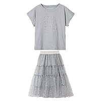 Girls Letter Printed Short Sleeve T-Shirts Dress Top and Tulle Skirt Clothes Set Age 2-13 Years