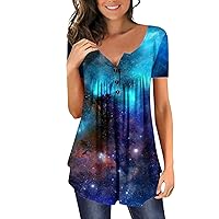 Women Summer Plus Size Loose Fit Hide Belly Shirts Starry Sky Print Tunic Tops Button Up Ruched V Neck Tunics Tees