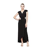 S.L. Fashions Women's Long Cap Sleeve Dress with Faux Wrap Waist (Regular Plus), Black, 8