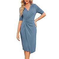 JASAMBAC 2023 Business Dress for Women Office Professional V Neck Half Sleeve Twist Front Work Casual Bodycon Midi Dress