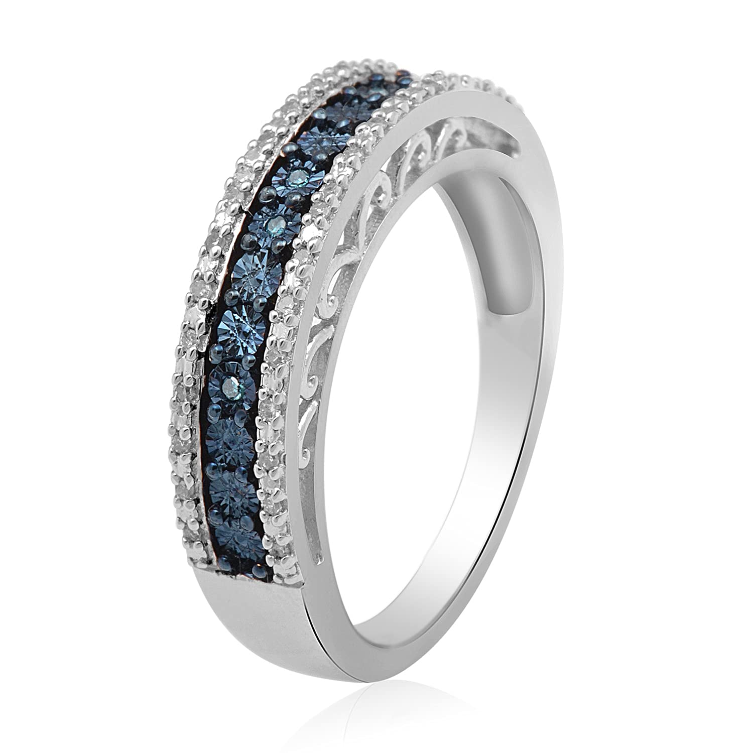 Jewelili Sterling Silver 1/10 Cttw Natural Miracle Plated Blue and White Round Diamond Anniversary Ring