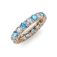 Round Blue Topaz and Natural Diamond 3.80 ctw Gallery Eternity Band in 14K Gold