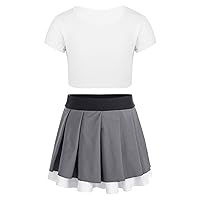 TiaoBug Kids Girls Short Sleeve Ballet Dance Crop Top Yoga Gymnastic Workout Sports Shirts with Pleated Skirt Set