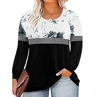 RITERA Plus Size Tops for Women Long Sleeve Shirt Colorblock Tunics Tie Dye Tshirt Casual Blouses Fall Shirt Pullover Tie Dye-Black 4XL