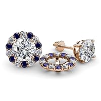 Round Blue Sapphire & Diamond 0.86 ctw Halo Jacket for Stud Earrings 14K Gold
