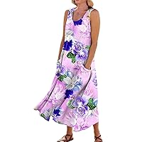 Linen Dress for Women Summer Casual Tank Dress Flowy Sleeveless Long Dress Printed Maxi Dresses with Pockets