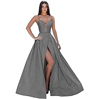 Women Long V-Neck Prom Dresses with Pockets Sleeveless Satin Formal Evening Gowns