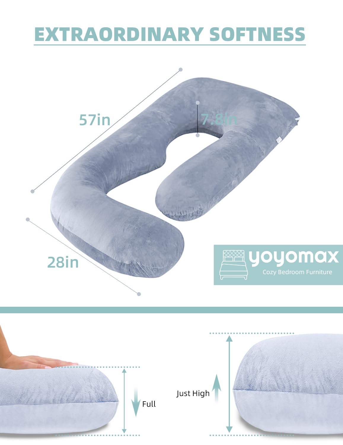 yoyomax Pregnancy Pillows, U Shaped Full Body Maternity Pillow Memory Foam Pregnancy Pillow with Removable Cover, 57 Inch Pregnancy Pillows for Sleeping (Grey)