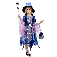 Witch Costume Halloween For Girls With Hat Candy Bag Stick Fancy Party Dress Up Open Back Lace And Mesh