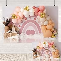 Boho Rainbow Backdrop for Girl 1st Birthday Gold White Balloons Party First Birthday Cake Smash Backdrops for Photography Girl Banner Decorations Photo Studio Prop 7x5ft
