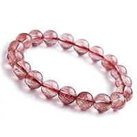 10mm Gemstone Bracelet Natural Red Rutilated Quartz Crystal Stretch Round Bead Jewelry