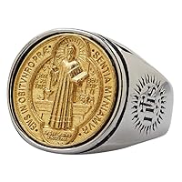Two Tone Titanium Stainless Steel Catholic St Benedict Medal Cross Ring for Men Women Size 7-13