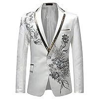 White Floral Sequin Embroidery Suit Jacket Men Wedding Groom Tuxedo Suit Blazers Mens One Button Lapel Stage