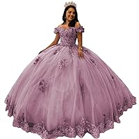 XYAYE Women's Off Shoulder Lace Beaded Quinceanera Dresses Ball Gown Puffy 3D Flowers Sweet 15 16 Dresses with Bowie XY083