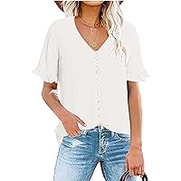 Women Summer Tops Casual V-Neck Tops Ruffle Short Sleeve Button Solid Blouses T-Shirts 2023 Trendy Tops