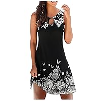 Dresses for Women 2024 Casual Floral Printed Tank Sleeveless Dress Hollow Out O-Neck Loose Beach Mini Sundress