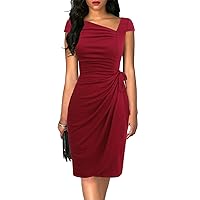 Women's Retro 1950s Cap Sleeve Knee-Length Sheath Slim Business Casual Party Ruched Bodycon Faux Wrap Dress