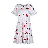 Women's Beach Print Swing Round Neck Glamorous Dress Casual Loose-Fitting Summer Short Sleeve Knee Length Flowy