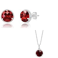 MAX + STONE 14k White Gold Roped Halo Garnet Gemstone Round Stud Earrings and Pendant Necklace for Women with Push Backs | 8mm Birthstone Solitaire Birthstone with 18 Inch Cable Chain
