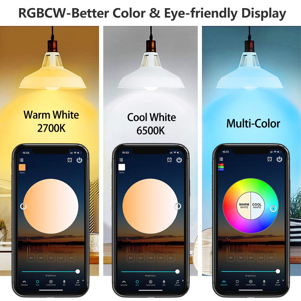 BERENNIS Smart WiFi Light Bulbs, Color Changing LED Lights, Work with Alexa Echo, Google Home, Siri and IFTTT, No Hub Required A19 RGBCW 7W (60w Equivalent) 3 Pack