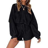 MEROKEETY Women's 2024 Fall Oversized Batwing Sleeve Lounge Sets Casual Top and Shorts 2 Piece Outfits Sweatsuit